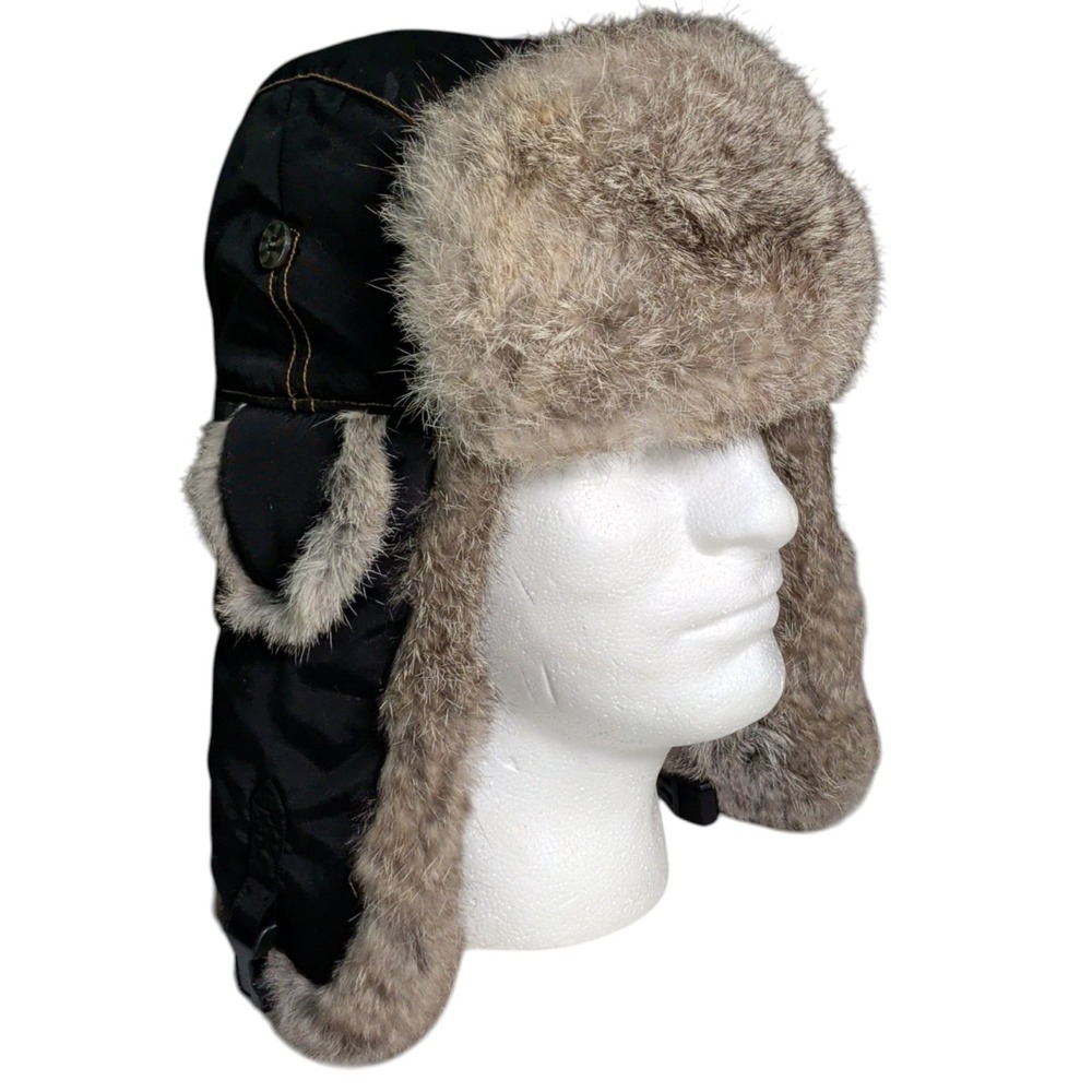 Mad Bomber Rabbit Fur Trapper Ushanka Bomber Hat Mens Size M Black Hunting